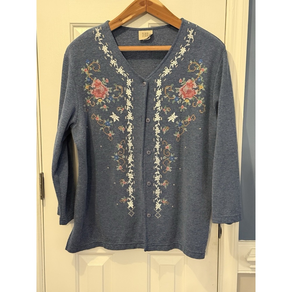 Teddi Vtg Blue Floral Cardigan Grandmacore Cottage L/XL‎ Spring Office Feminine